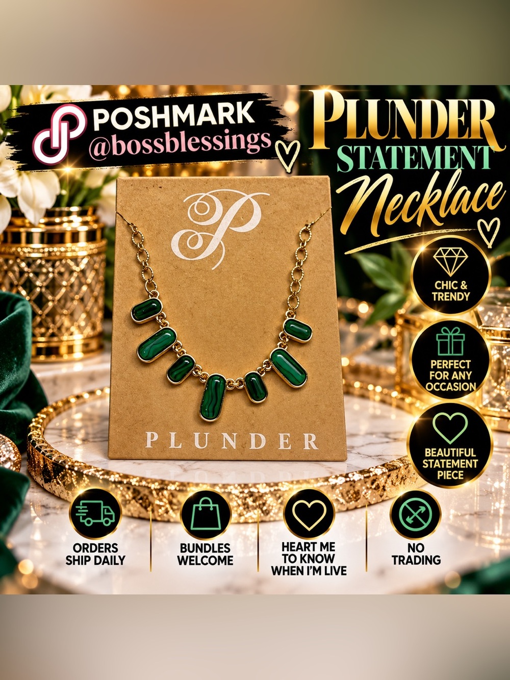 💚 Plunder Green Marbled Stone Statement Necklace | Gold-Tone